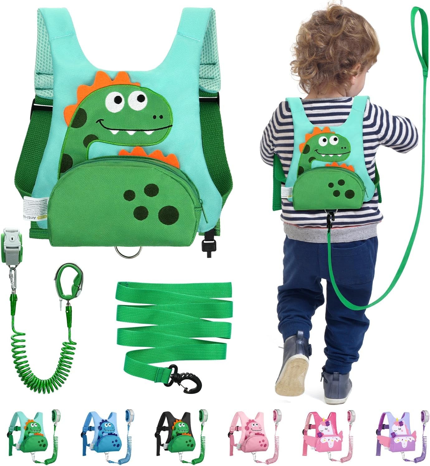 3 in 1 Toddler Harness Leash + 8.2Ft anti Lost Wrist Link, Cute Dinosaur Kids Safety Harness Tether with Key Lock, Child Protective Leashes While Walking for Outdoor Activity Keep Kids Close