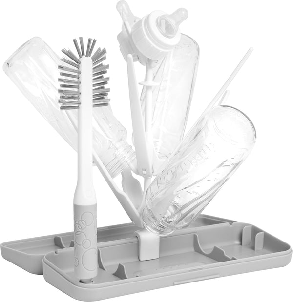 On-The-Go Drying Rack and Brush Set, Includes Travel Case and Bottle Brush for Compact Storage, Holds up to 8 Bottles, Baby Travel Accessories, Gray