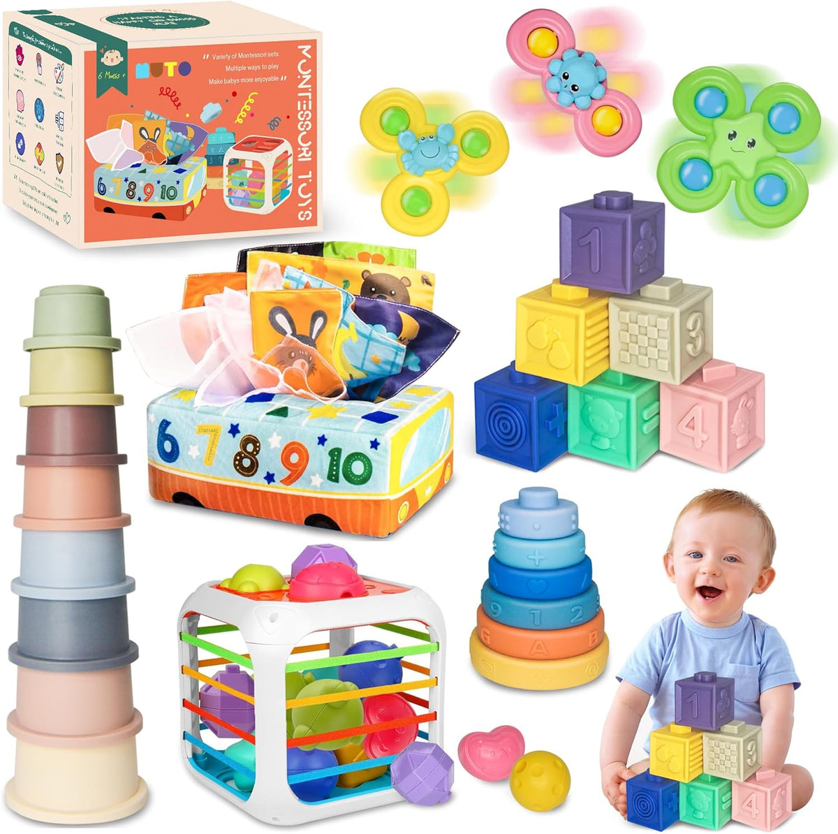 Montessori Sensory Baby Toys, 6 in 1 Early Educational Learning Toy Set