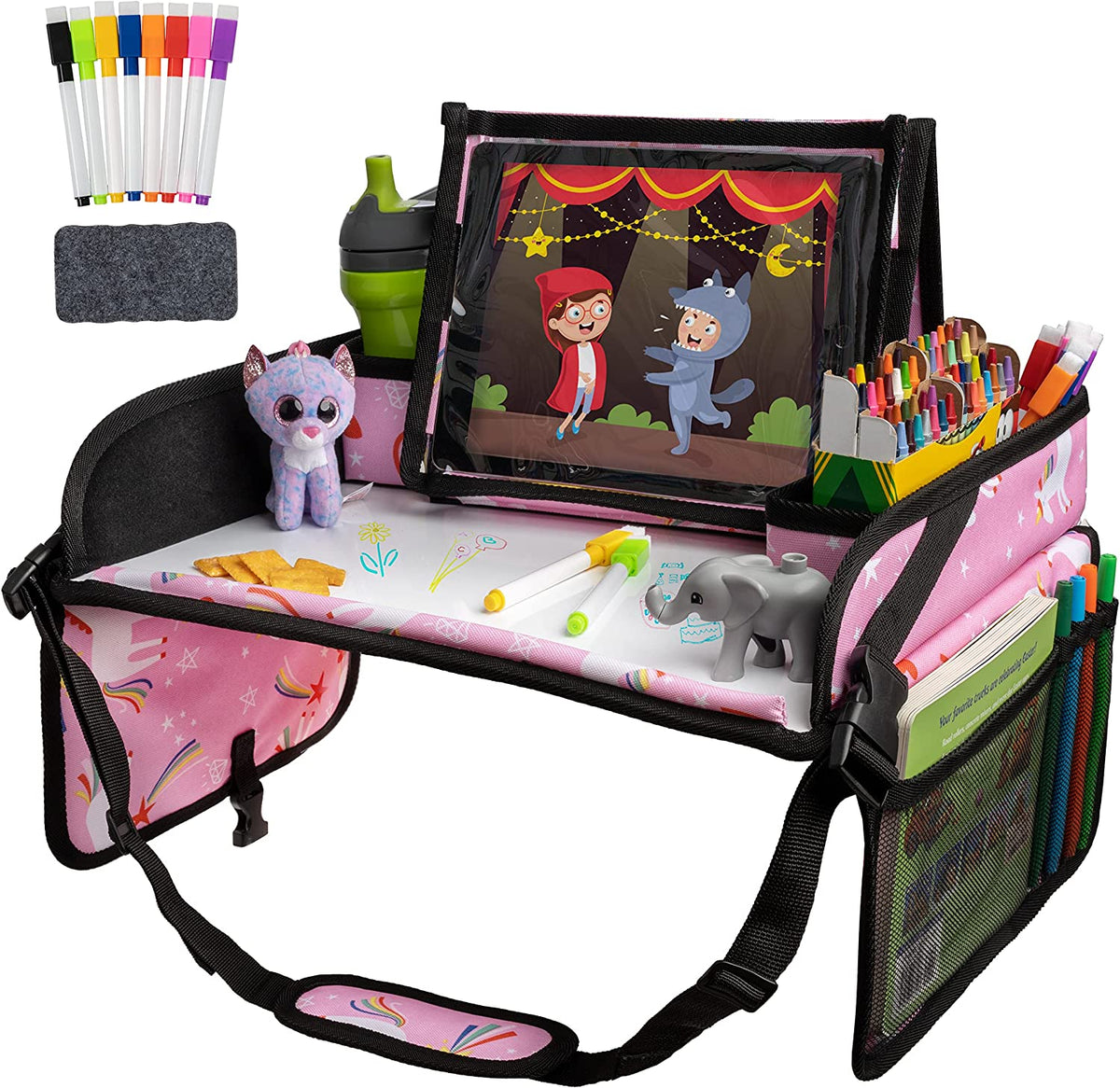 Kids Travel Tray for Toddler & Car Seat, Lap Tray for Airplane, Kids Travel Desk, Table Tray for Road Trip Activities (Pink Unicorns)