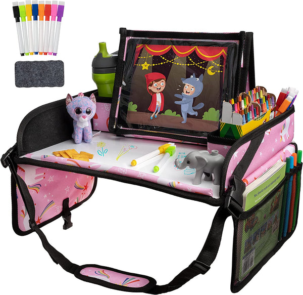 Kids Travel Tray for Toddler & Car Seat, Lap Tray for Airplane, Kids Travel Desk, Table Tray for Road Trip Activities (Pink Unicorns)