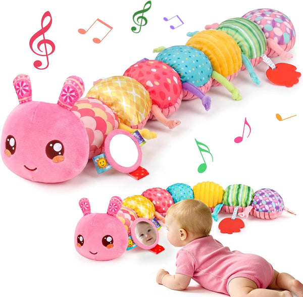 Baby Girls Toys 0-6 Months Musical Stuffed Caterpillar Pink Toys for Infant 0-3 3-6 Months Tummy Time Sensory Toy with Mirror Crinkle Rattle Birthday Baby Gifts for 2 3 4 5 6-12 Newborn