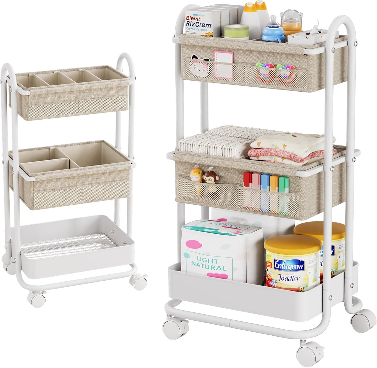Baby Diaper Caddy Organizer Cart - 3 Tier Rolling Storage Cart with Wheels, Baby Essentials for Nursery Storage, Detachable Dividers - for Crib, Bedroom, Art & Craft Organizer