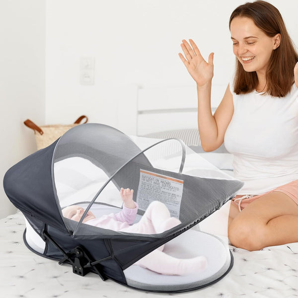 Baby Portable Travel Pod with Mosquito Net and Sunshade Canopy,Easy to Fold and Lightweight,Deep Grey