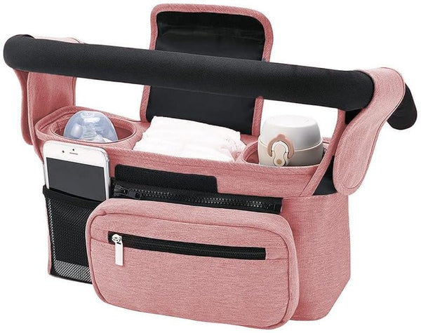 Universal Stroller Organizer with Insulated Cup Holder Detachable Phone Bag & Shoulder Strap, Strollers,Fits for Uppababy Baby Jogger Britax Strollers,New Moms Baby Gifts (Pink)