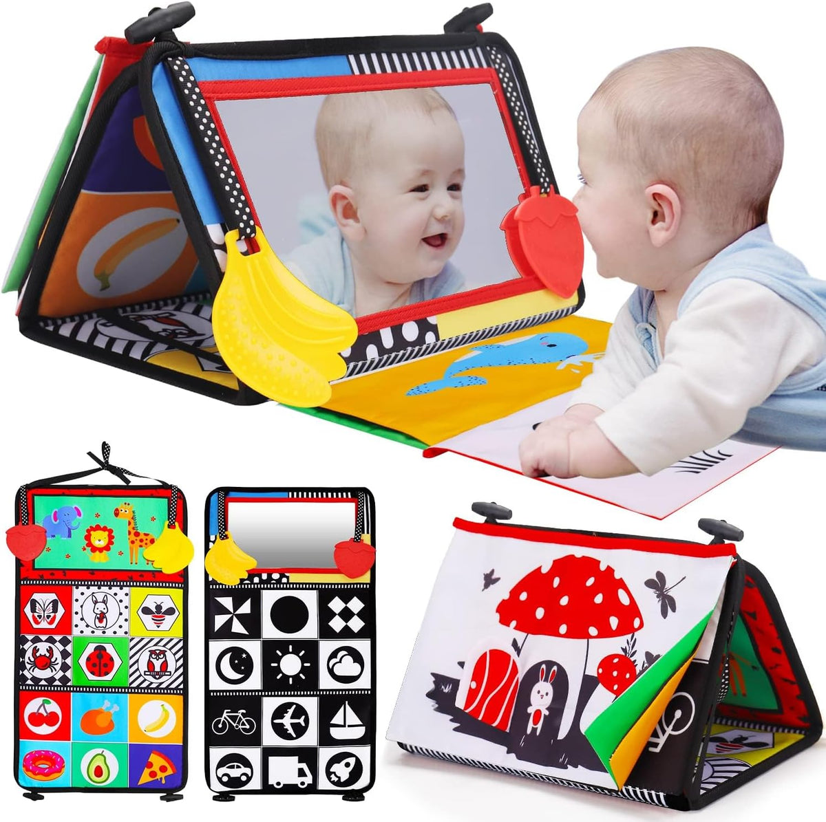 Tummy Time Baby Mirror Toy, Black and White High Contrast Baby Newborn Toys 3 6 12 Months, Montessori Crinkle Cloth Book Sensory Activity Development Gift for 0-6 Months Infant Boys Girls Gift