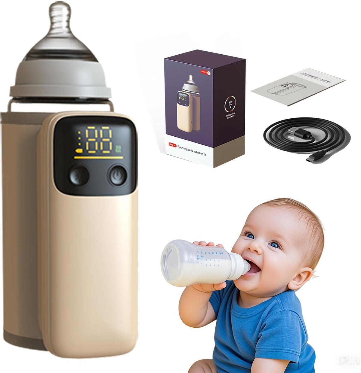 Portable Bottle Warmer with Display for Travel, Battery-Powered with 6 Temperature Gears