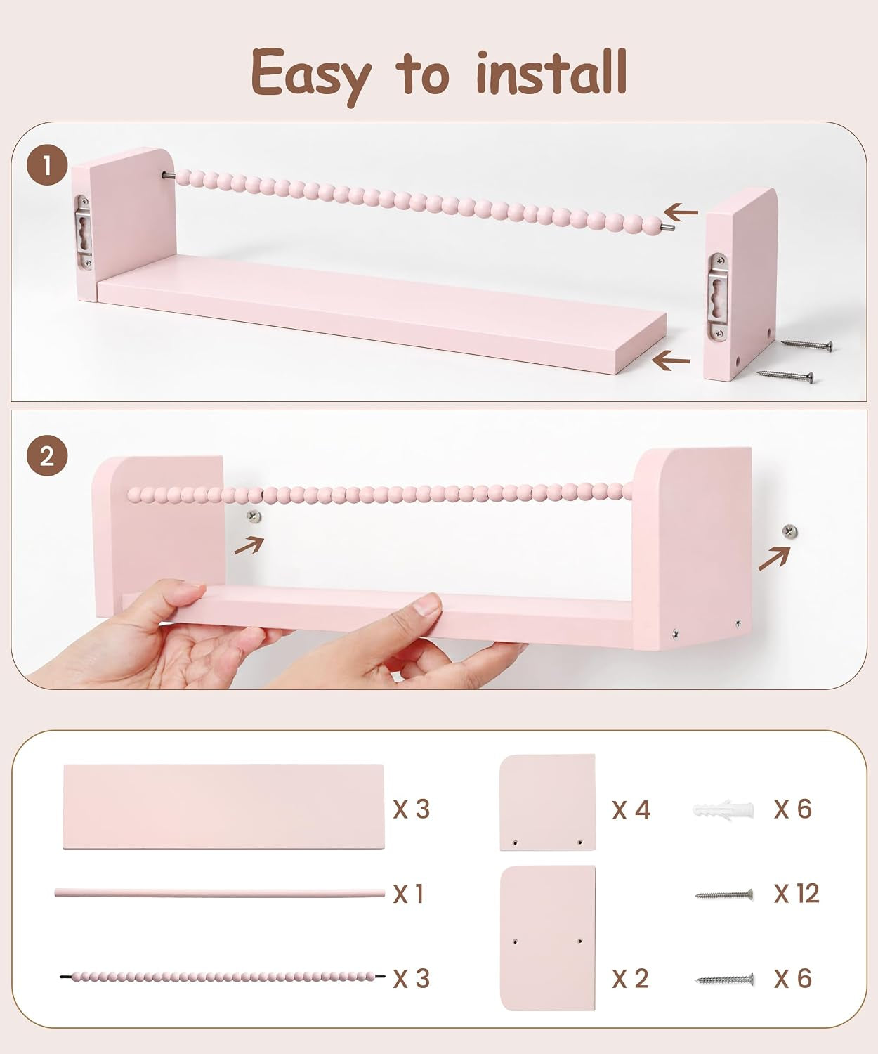 Pink Nursery Shelves for Wall, Solid Pine Wooden Floating Shelves