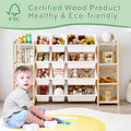Extra Wide Toy Storage Organizer with Dual Bookshelves, Kids Wooden Shelf with 12 Removable Bins for Books, Toys, Playroom, Nursery, Bedroom, Natural, Large