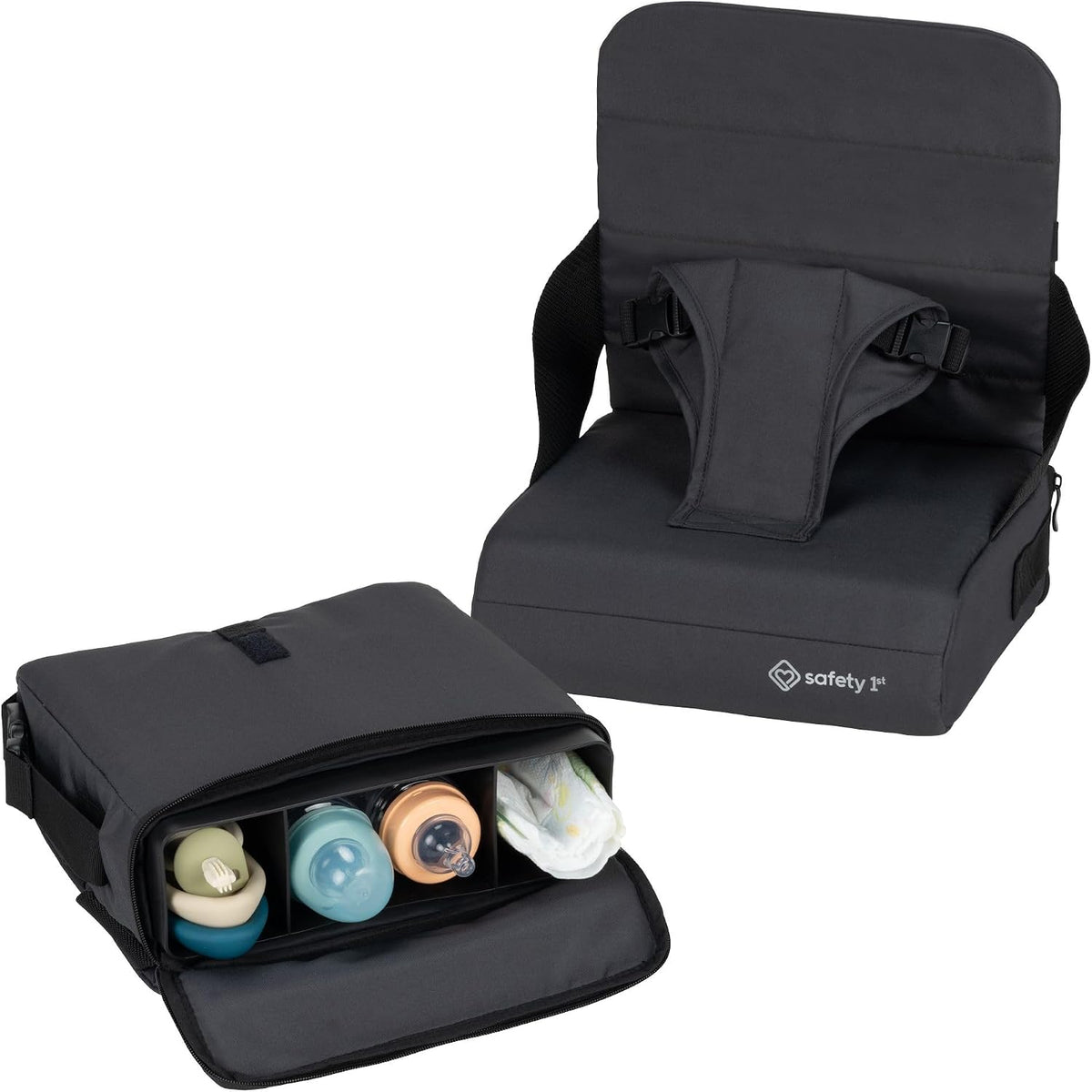 Feed 'N Fold Travel Feeding Booster - Lightweight, Compact & Portable with Carry Strap, Ample Storage & Secure Harness for Baby and Toddler Mealtimes - Mineral Graphite