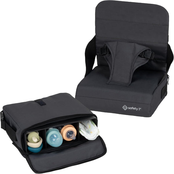 Feed 'N Fold Travel Feeding Booster - Lightweight, Compact & Portable with Carry Strap, Ample Storage & Secure Harness for Baby and Toddler Mealtimes - Mineral Graphite