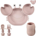 Silicone Plate & Cup Set + Baby Self Feeding Utensil, Divided Suction Plate, Crab Pink