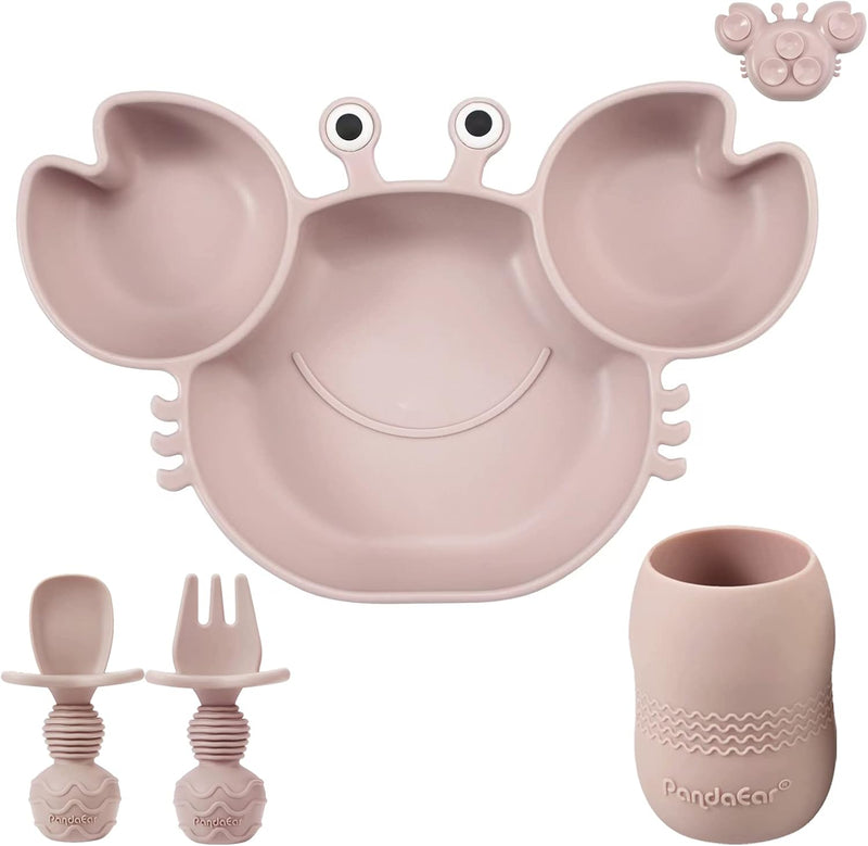 Silicone Plate & Cup Set + Baby Self Feeding Utensil, Divided Suction Plate, Crab Pink