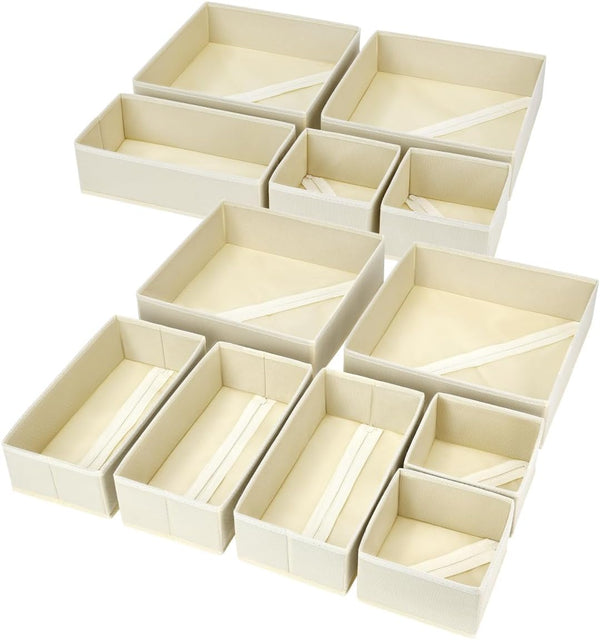 Drawer Organizers Clothes Baby - 12 Pack Fabric Closet Dividers Dresser Storage Organization, Foldable Nursery Bedroom Bins for Clothes, Underwear, Socks, Bra, Ties (Beige)