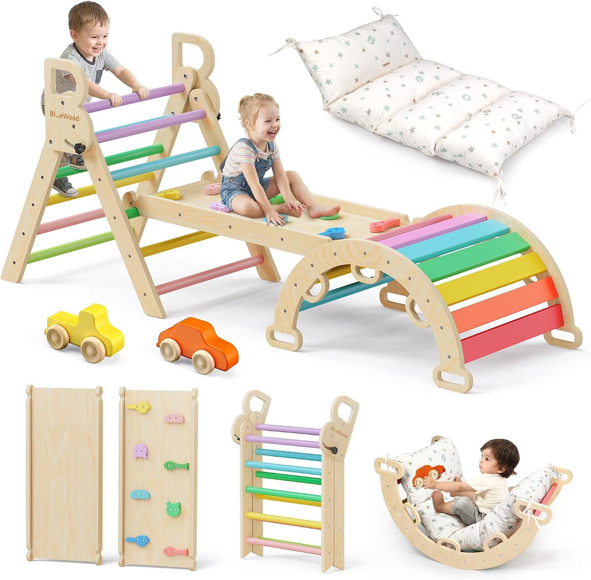 Pikler Triangle Set with Cushion, Wooden Climbing Toys for Toddler