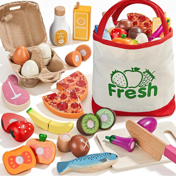 Wooden Play Food, Montessori Toy Food with Pizza Toy, Easter Eggs
