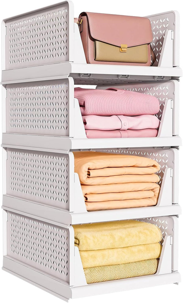 4 Pack Stackable Closet Organizers and Storage, Foldable Storage Basket