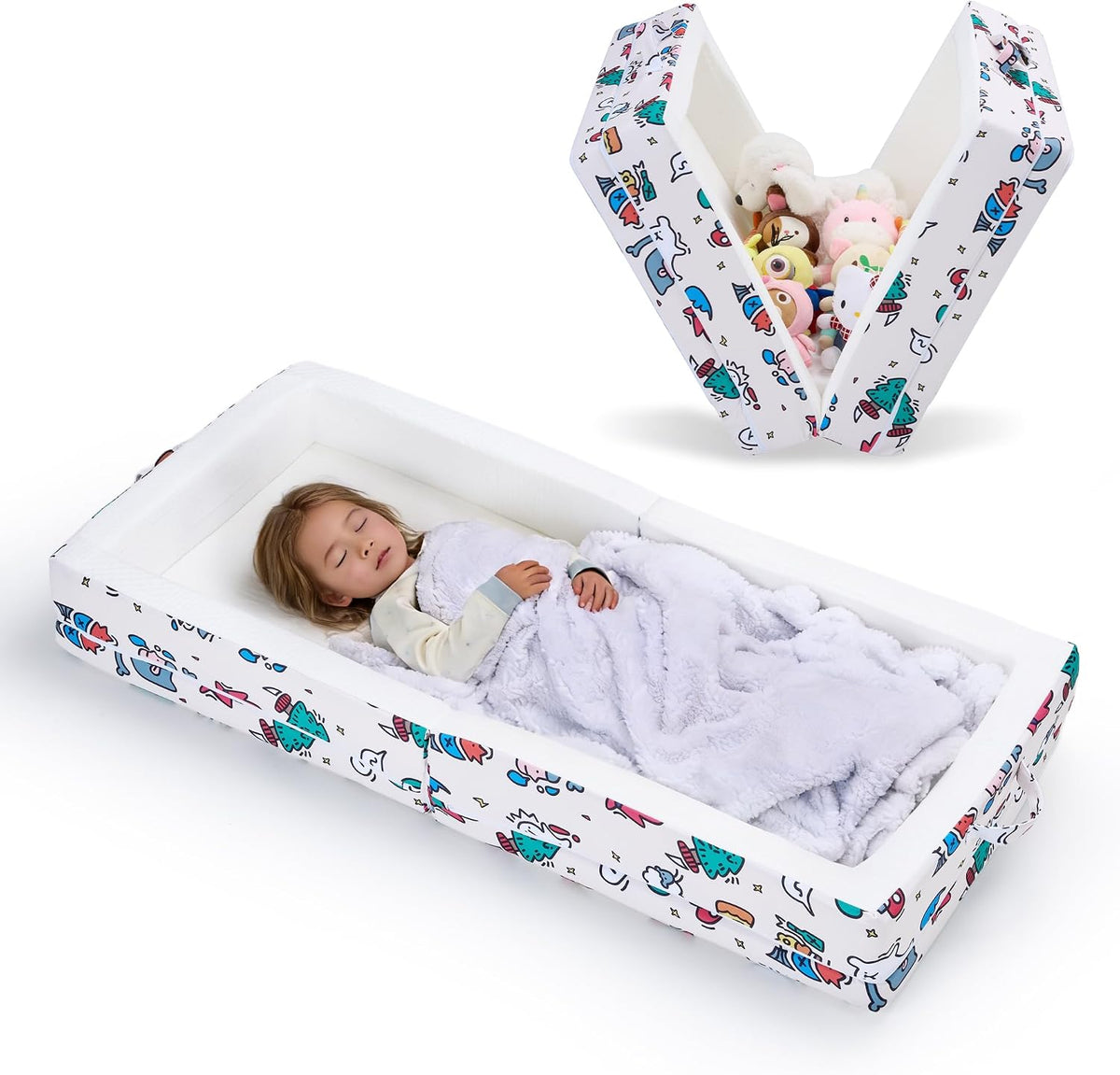 Portable Foldable Toddler Travel Cot – Air Layer Fabric Soft Foam Floor Cushion with Raised Sides, No Assembly, Washable Cover, Cream