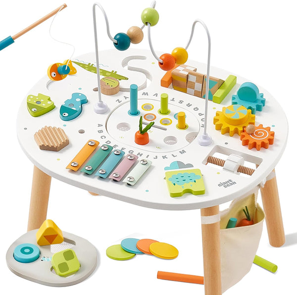 ® Wooden Activity Table for 1 Year Old, 11-In-1 Montessori Learning Table with Bead Maze, Shape Sorter, Fishing Game & More – Sensory Development Toy for Toddlers, Ideal 1St Birthday Gift