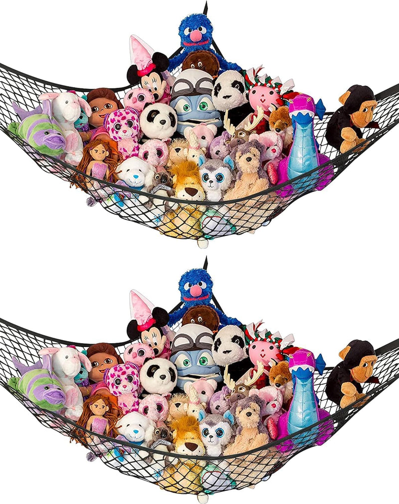 Large Stuffed Animal Hammock | Corner Hanging Organizer, Stuffed Animal Storage | Easy to Hang Plushie Net W/Included Anchors & Hooks | Cute Room & Bedroom Decor (Black, 2 Pack)