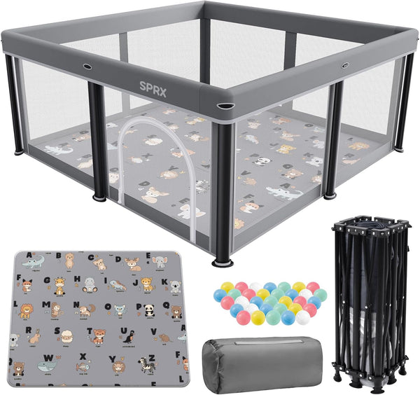 Foldable Baby Playpen with Mat,50"×50" Collapsible Playard for Babies and Toddlers,Indoor&Outdoor Kids Safety Play Pen,Portable Travel Playpen ‌With Travel Pack and 30 Ocean Balls