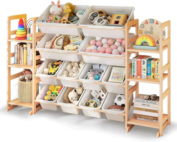 Toy Storage Organizer, 4-Tier with 6 Storage Cubbies and 12 Bins Bedrooms Living Rooms Nursery and Playrooms Kids Bin Shelf 3-In-1 Bookshelf Smooth Rounded Edges 2 Size Bins 4 Large 8 Small