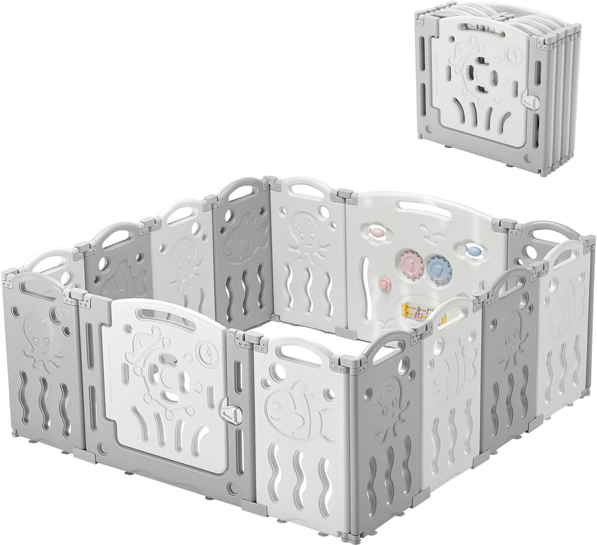 14-Panel Baby Playpen with Lockable Gate, Grey & White
