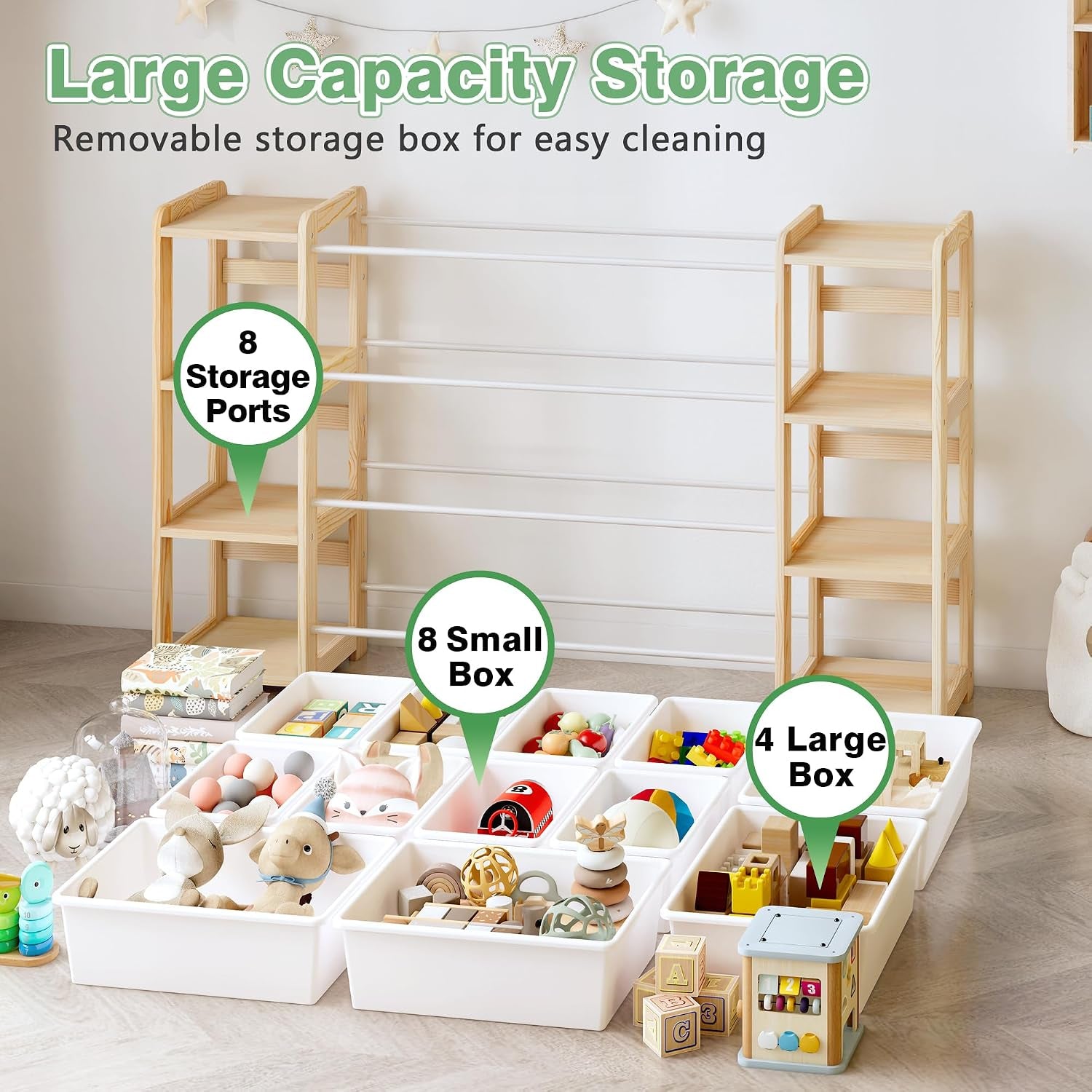 Extra Wide Toy Storage Organizer with Dual Bookshelves, Kids Wooden Shelf with 12 Removable Bins for Books, Toys, Playroom, Nursery, Bedroom, Natural, Large