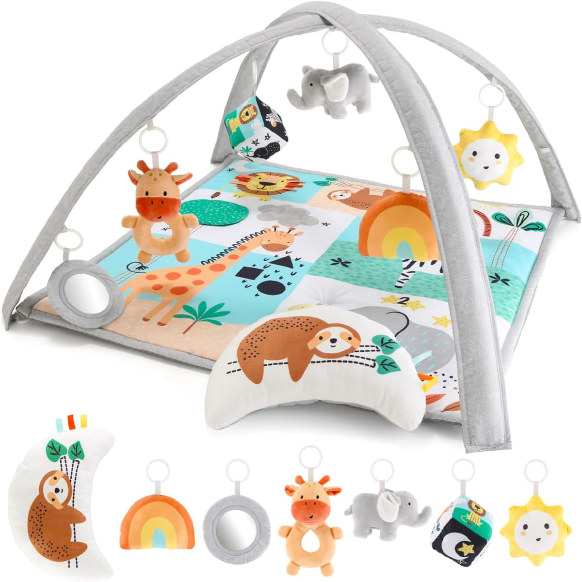 Unisex Baby Play Gym & 7-In-1 Play Mat - Playmat Baby Toys 0-6, 6-12 Months Tummy Time Mat with Hanging Toys, Soft Padded Mat for Newborns, Infants - Safari